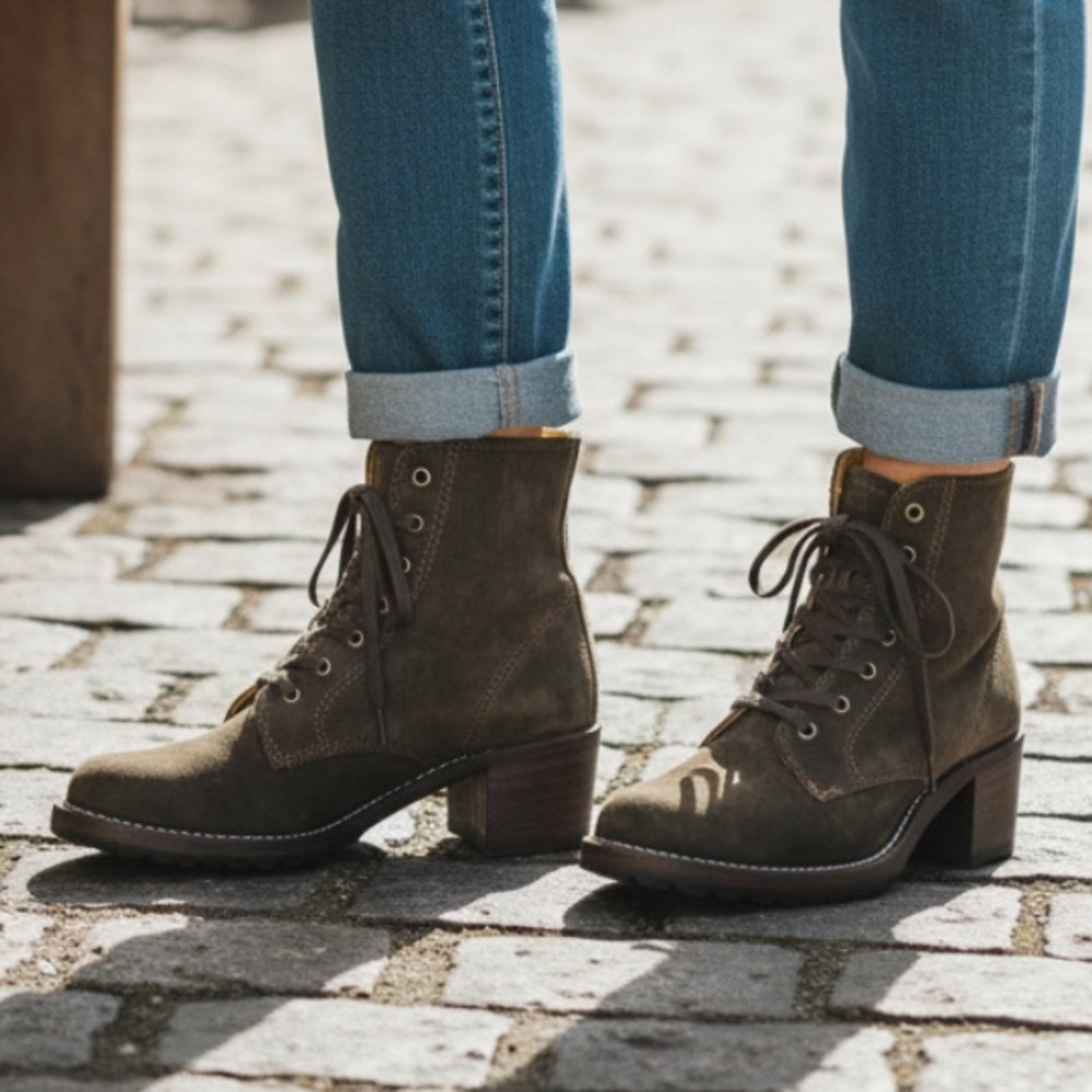 Frye Sabrina 6G Brown/Olive Green Suede Lace Up Leather Combat Moto Ankle Boots